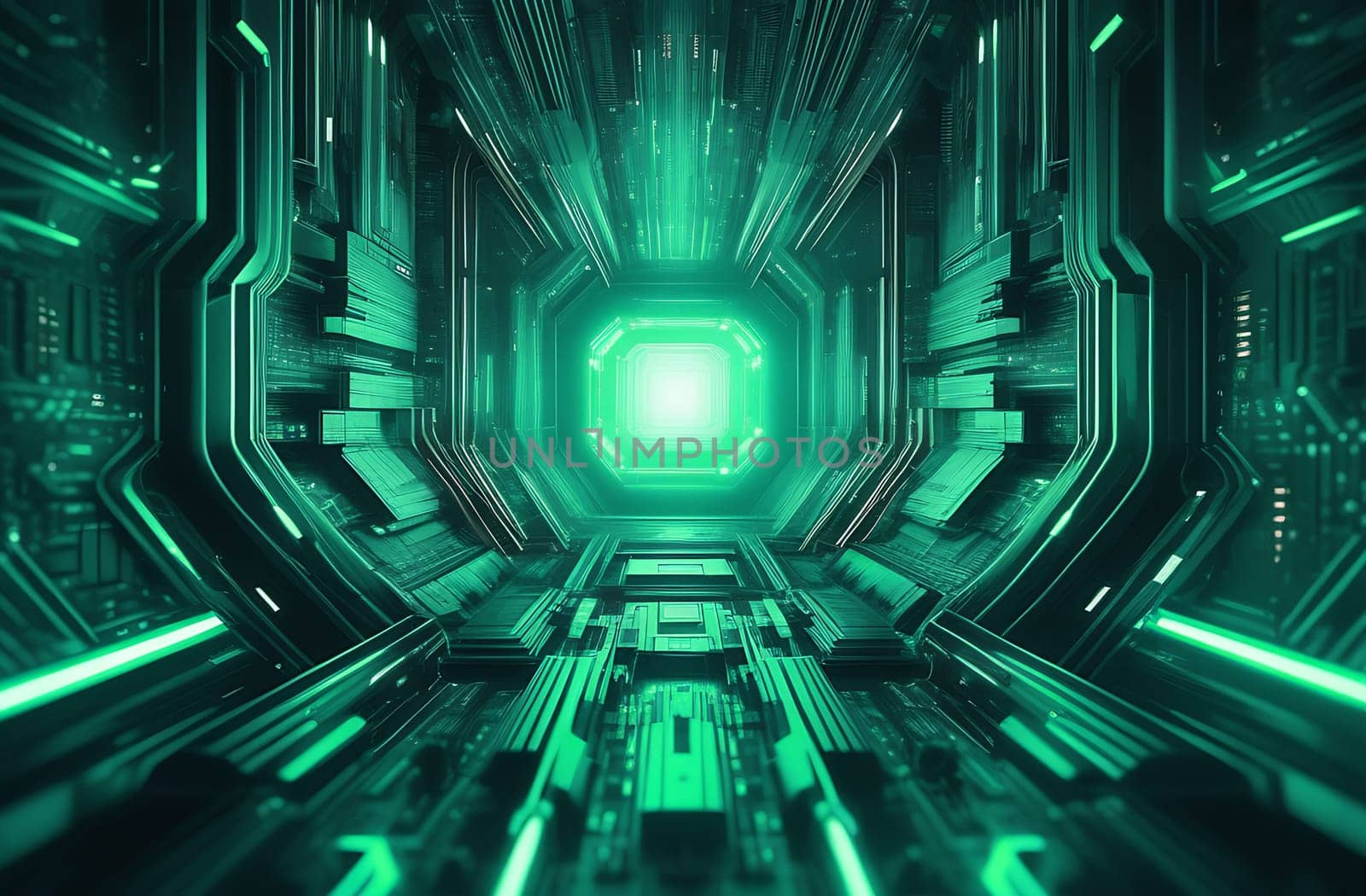 Abstract futuristic corridor or tunnel background, green neon light.