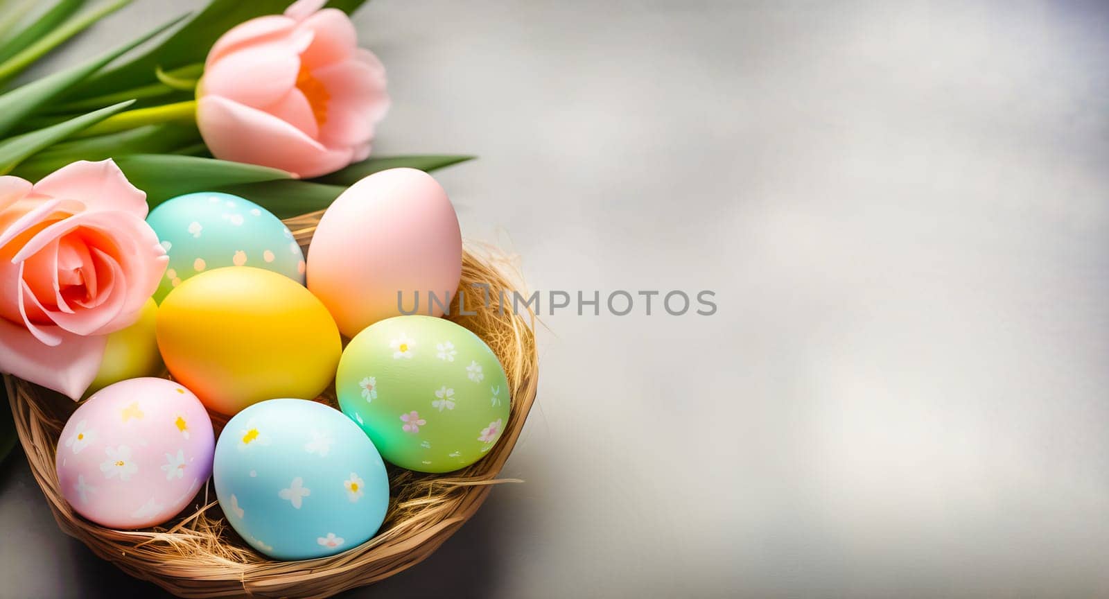 Multicolored painted eggs with delicate spring flowers in the nest against a light gray stone background. The concept of the Spring and Easter holiday with a copy space.