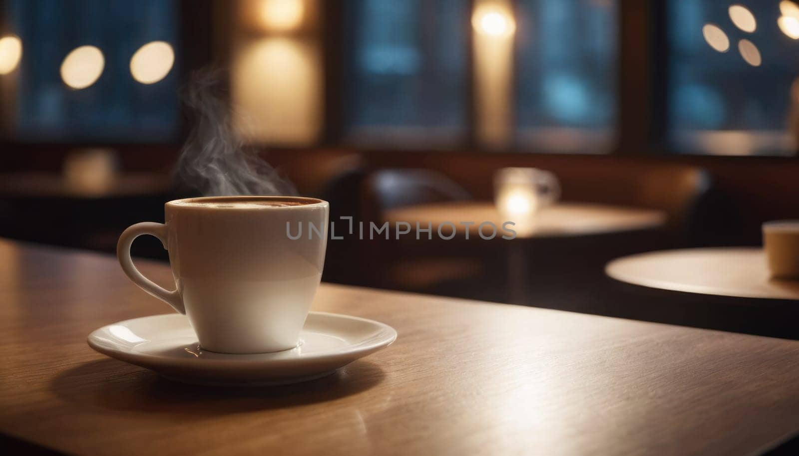 Cafe hot cup of coffee on a saucer on a dark background, casting a thin shadow. Bokeh in the background