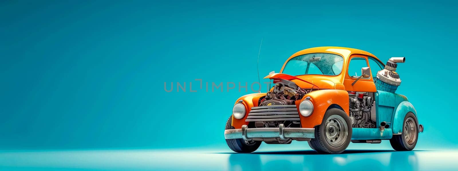 Toy car with open hood on blue surface. Wheel, Tire, Vehicle. copy space by Edophoto