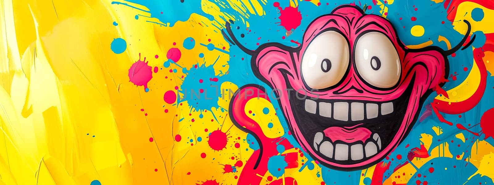 A close-up of a cartoon face with a smile, painted in vibrant colors on a magenta background, showcasing the art of painting and visual arts.