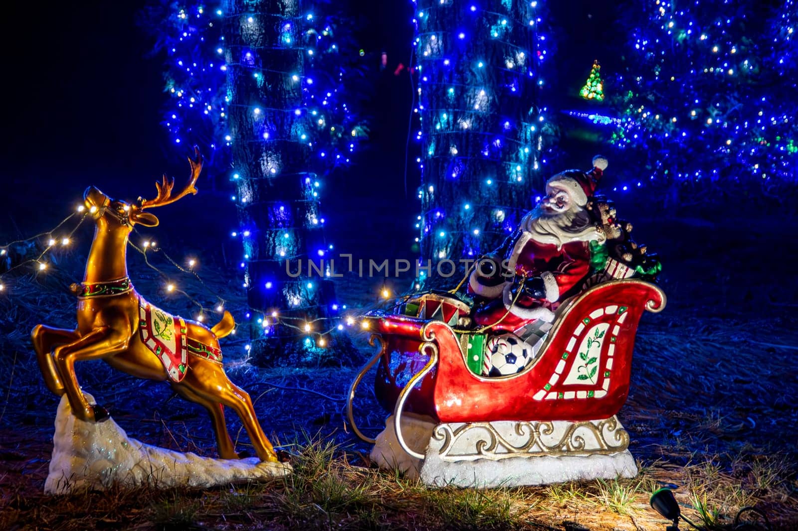 Colorful Nighttime Holiday Display Featuring A Lit Reindeer And Santa Claus In A Sleigh Decoration, Surrounded By Blue-Lit Trees And Festive Ornaments.