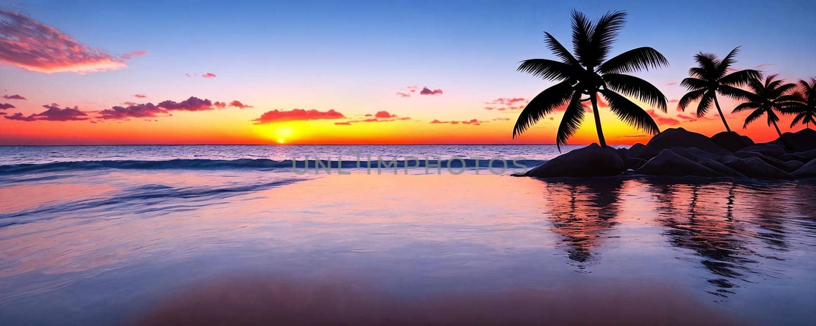 Beautiful seascape panorama with palm trees at sunset. Generative AI.