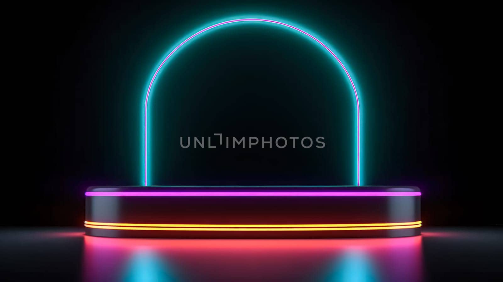 An abstract surreal scene featuring an empty stage with a cylinder podium and circle shape on a holographic neon colored background.