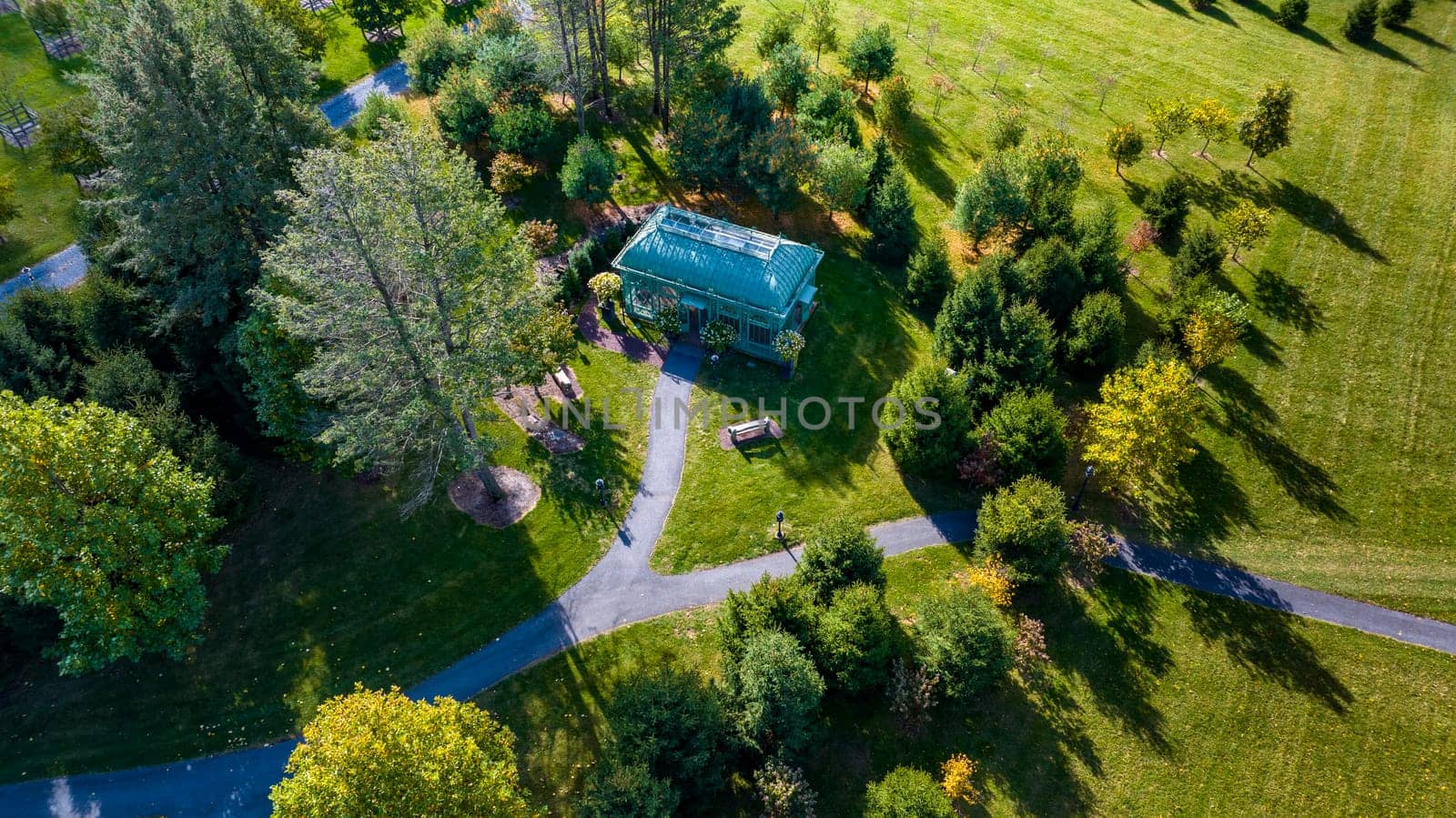 Elizabethtown, Pennsylvania, October 22, 2023 - An Aerial View of a Arboretum Gazebo Surrounded by Trees and Shrubs on an Autumn Day