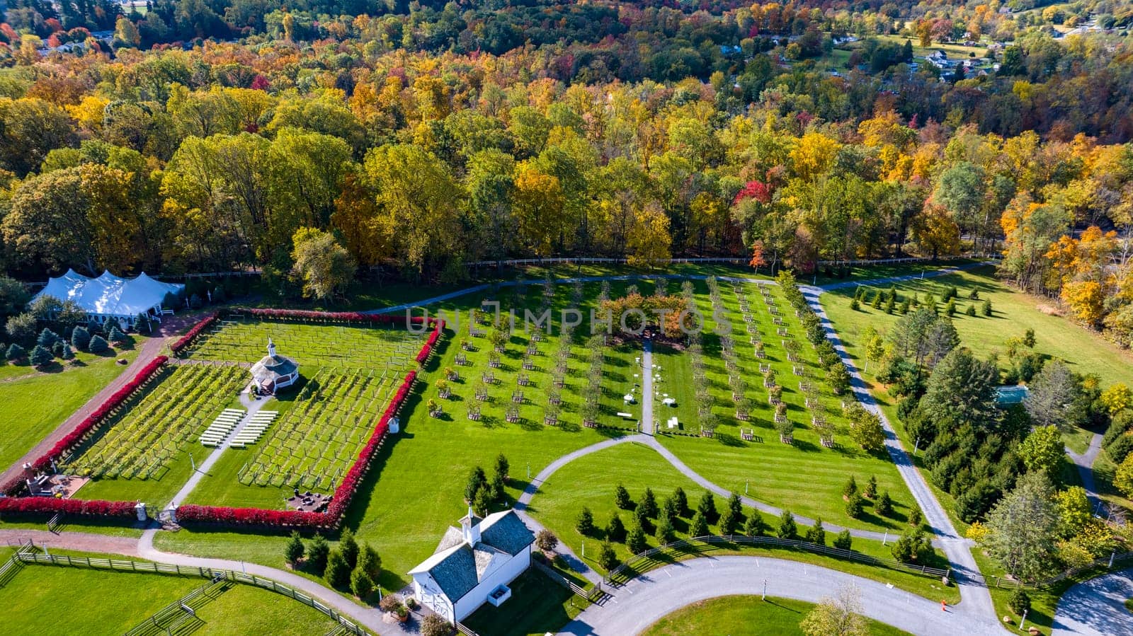 Elizabethtown, Pennsylvania, October 22, 2023 - An Aerial View of a Gazebo, Vineyard and Orchard, in Autumn With Fall Colors