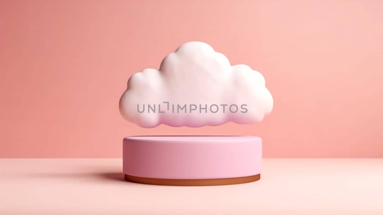 A 3D rendering of a podium positioned amidst flat clouds with reddish tones, providing an atmospheric setting for product display and presentation.