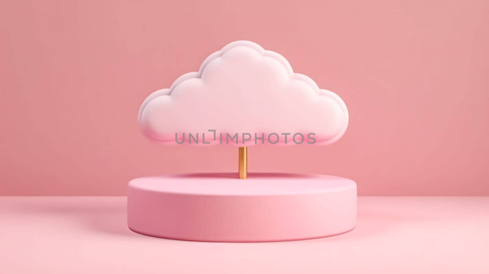 A 3D rendering of a podium positioned amidst flat clouds with reddish tones, providing an atmospheric setting for product display and presentation.