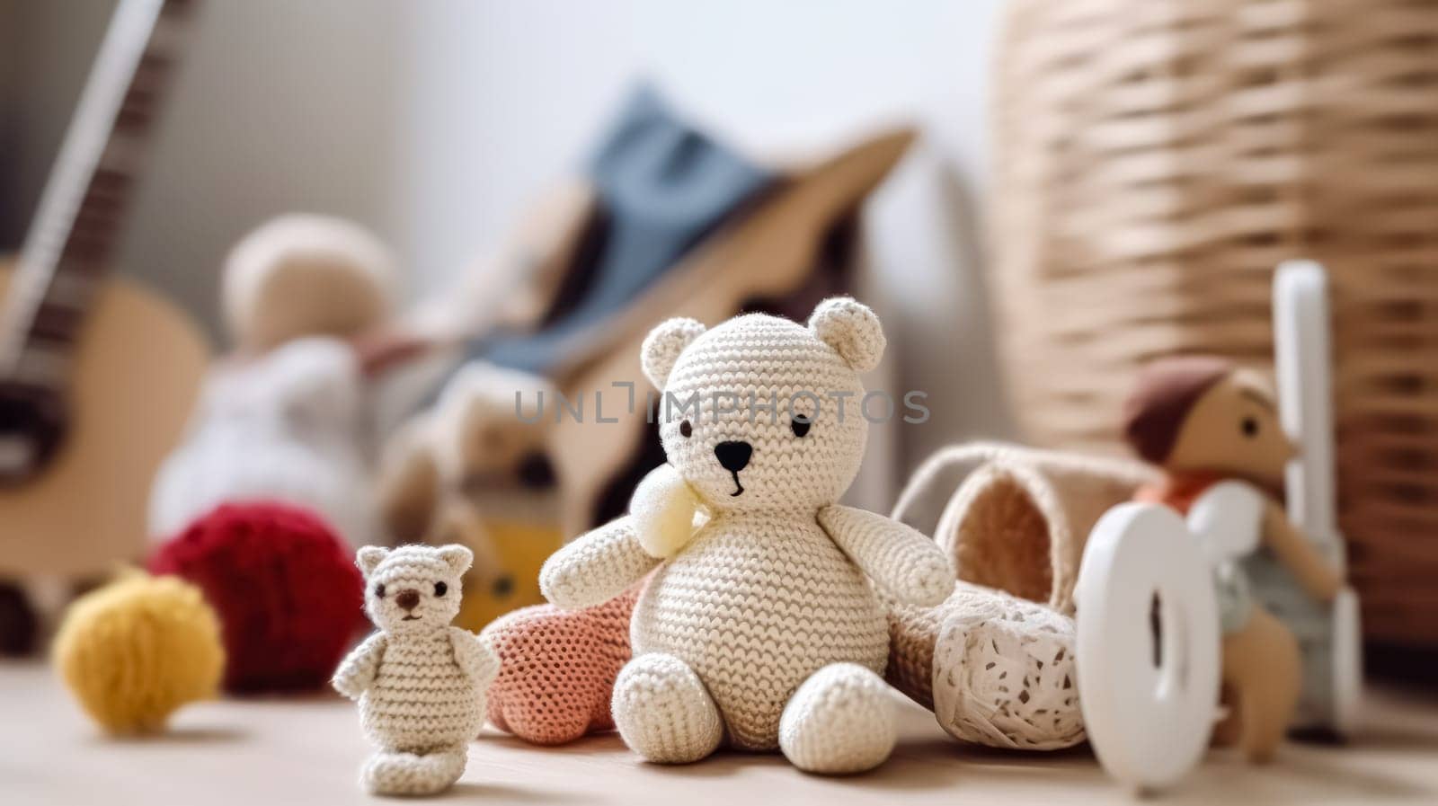 Adorable homemade multicolored knitted toys shaped like various animals, perfect for adding a touch of whimsy and comfort to any child's playtime.
