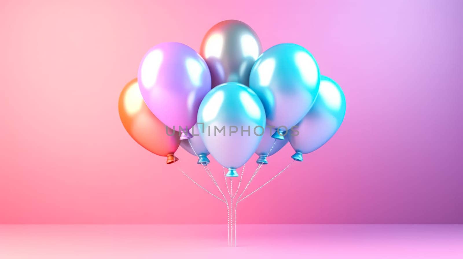 A vivid set of realistic matte helium balloons floats against a colorful blurred background. Ideal for birthday, party, wedding, or promotional designs.