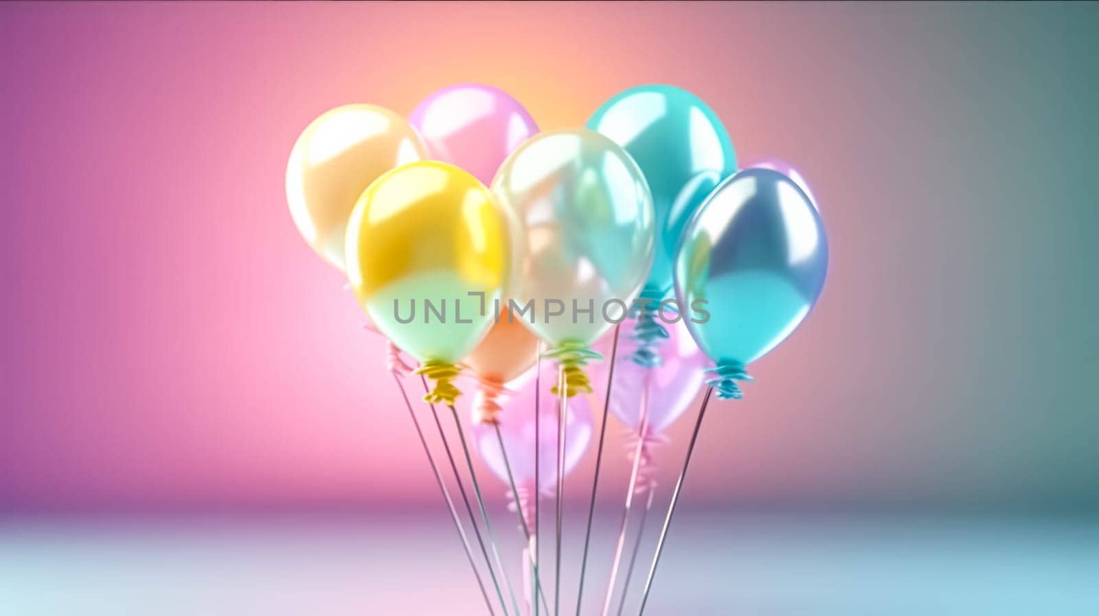 A vivid set of realistic matte helium balloons floats against a colorful blurred background. Ideal for birthday, party, wedding, or promotional designs.