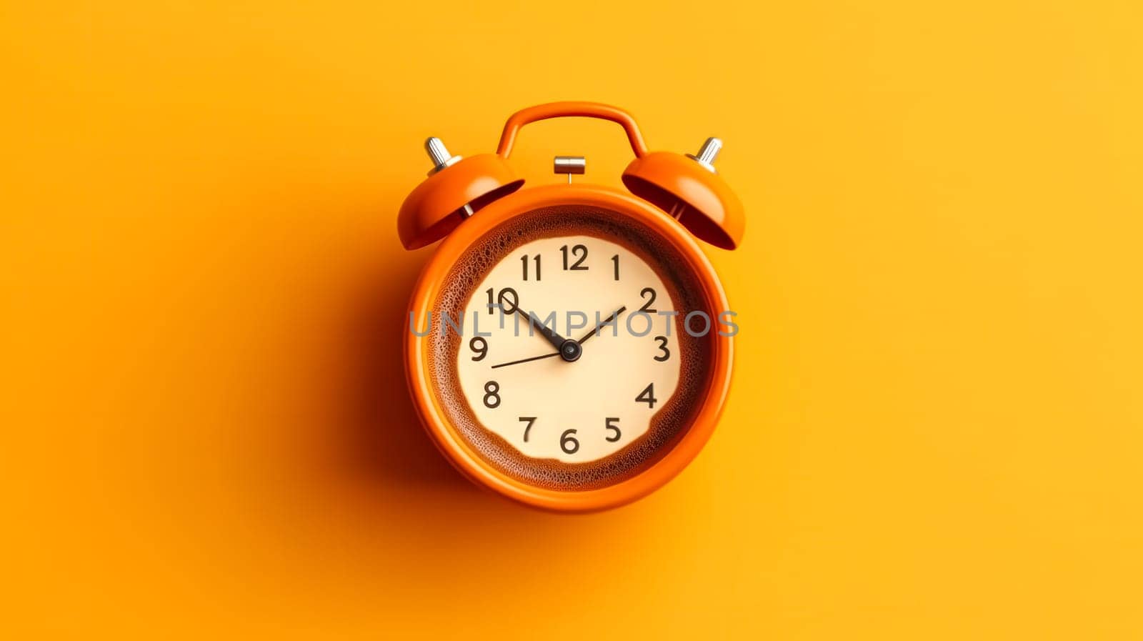 A conceptual image portraying hot coffee served in a yellow retro alarm clock against a vibrant yellow background. Perfect for waking up and coffee themed concepts.
