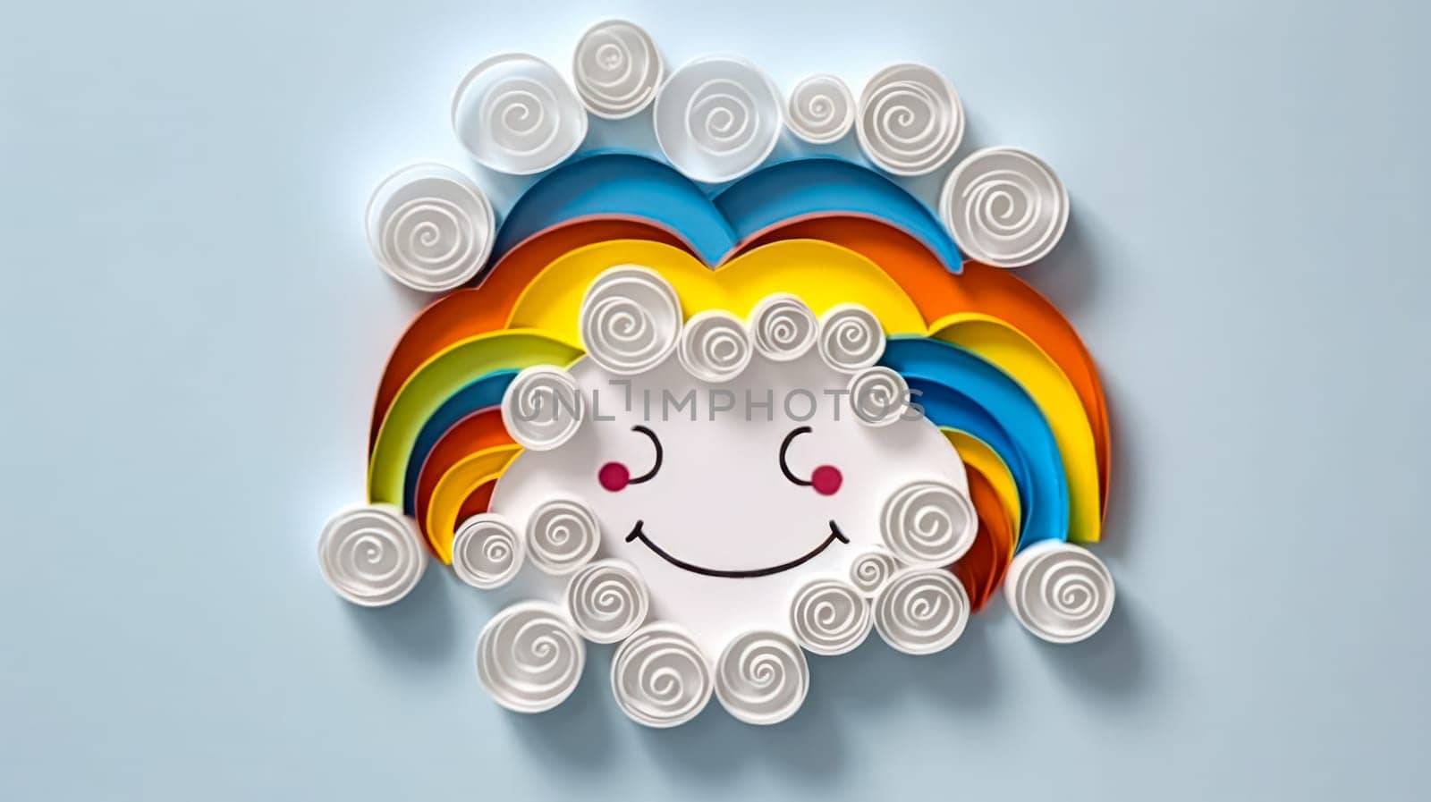 A stunning quilling style depiction of a cloud adorned with a vibrant rainbow, evoking a sense of whimsy and wonder. Perfect for creative projects!
