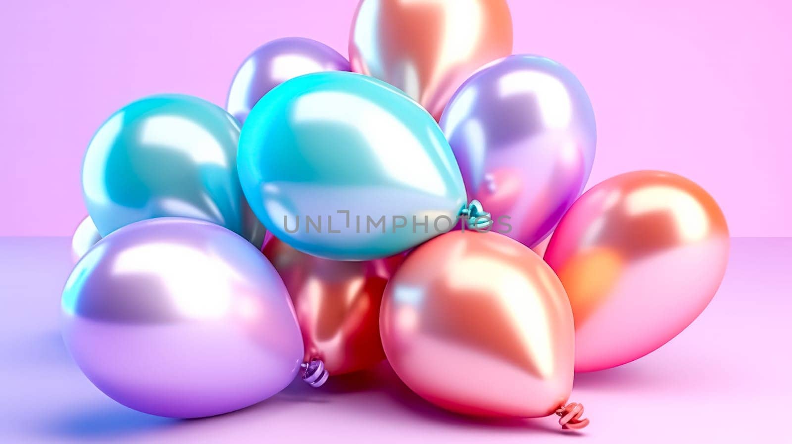 A vivid set of realistic matte helium balloons floats against a colorful blurred background. Ideal for birthday, party, wedding, or promotional designs.