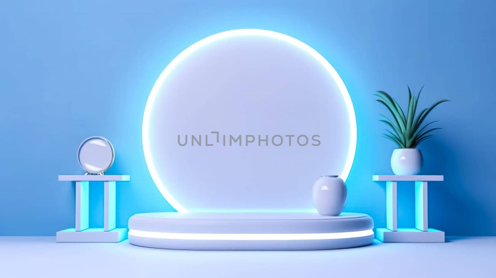 An abstract surreal scene featuring an empty stage with a cylinder podium and circle shape on a holographic neon colored background.