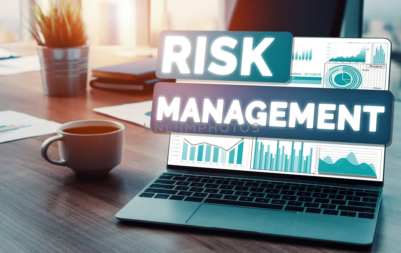 Risk Management and Assessment for Business Investment Concept. Modern interface showing symbols of strategy in risky plan analysis to control unpredictable loss and build financial safety. uds