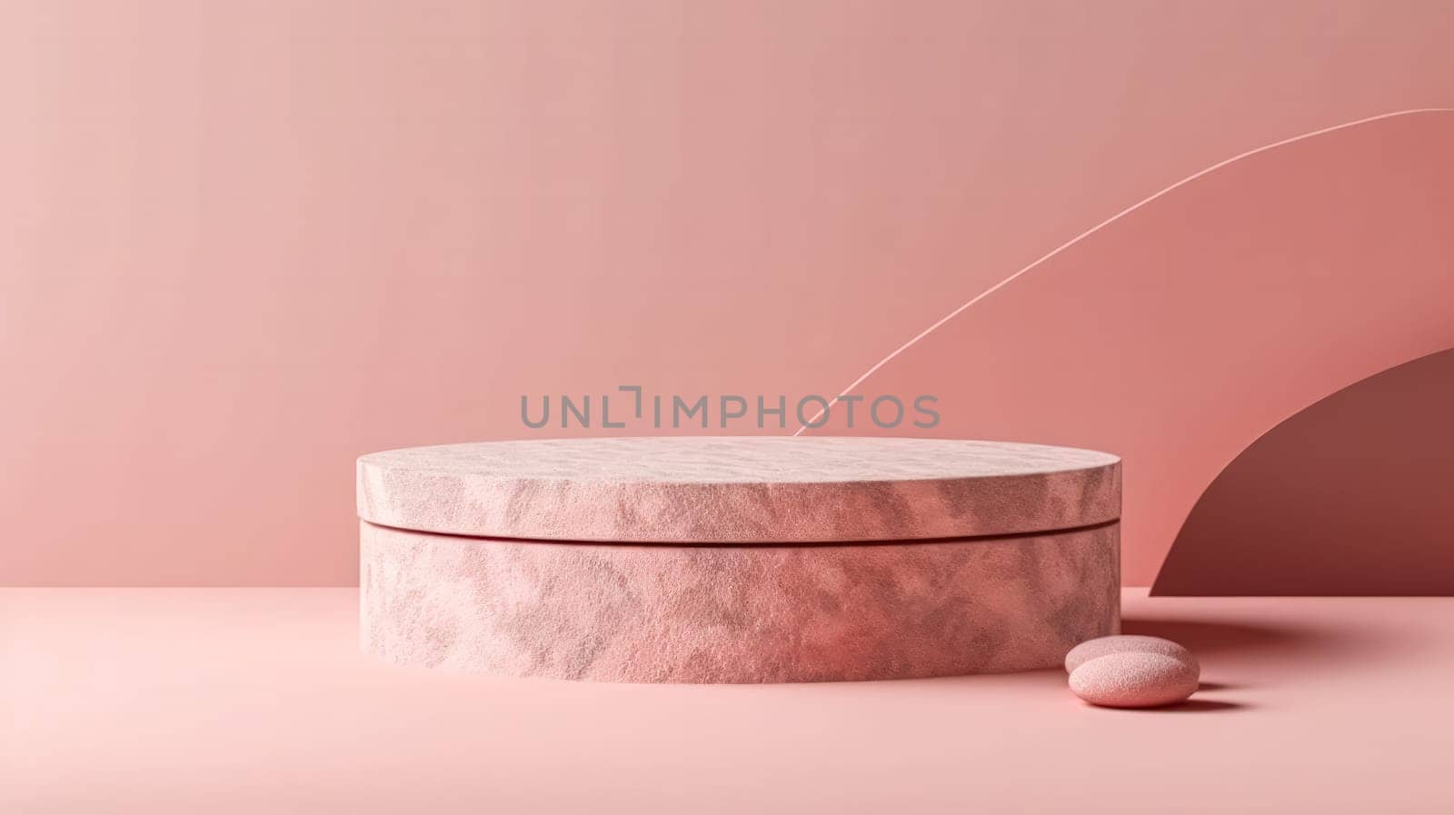 Abstract and futuristic, this 3D rendered shiny pink round marble pedestal podium is illuminated by spotlights on a white background. High quality concept design.