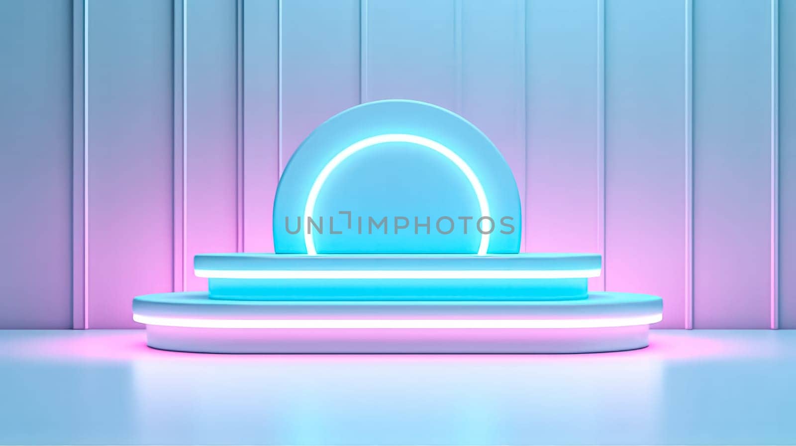 An abstract surreal scene featuring an empty stage with a cylinder podium and circle shape on a holographic neon colored background.