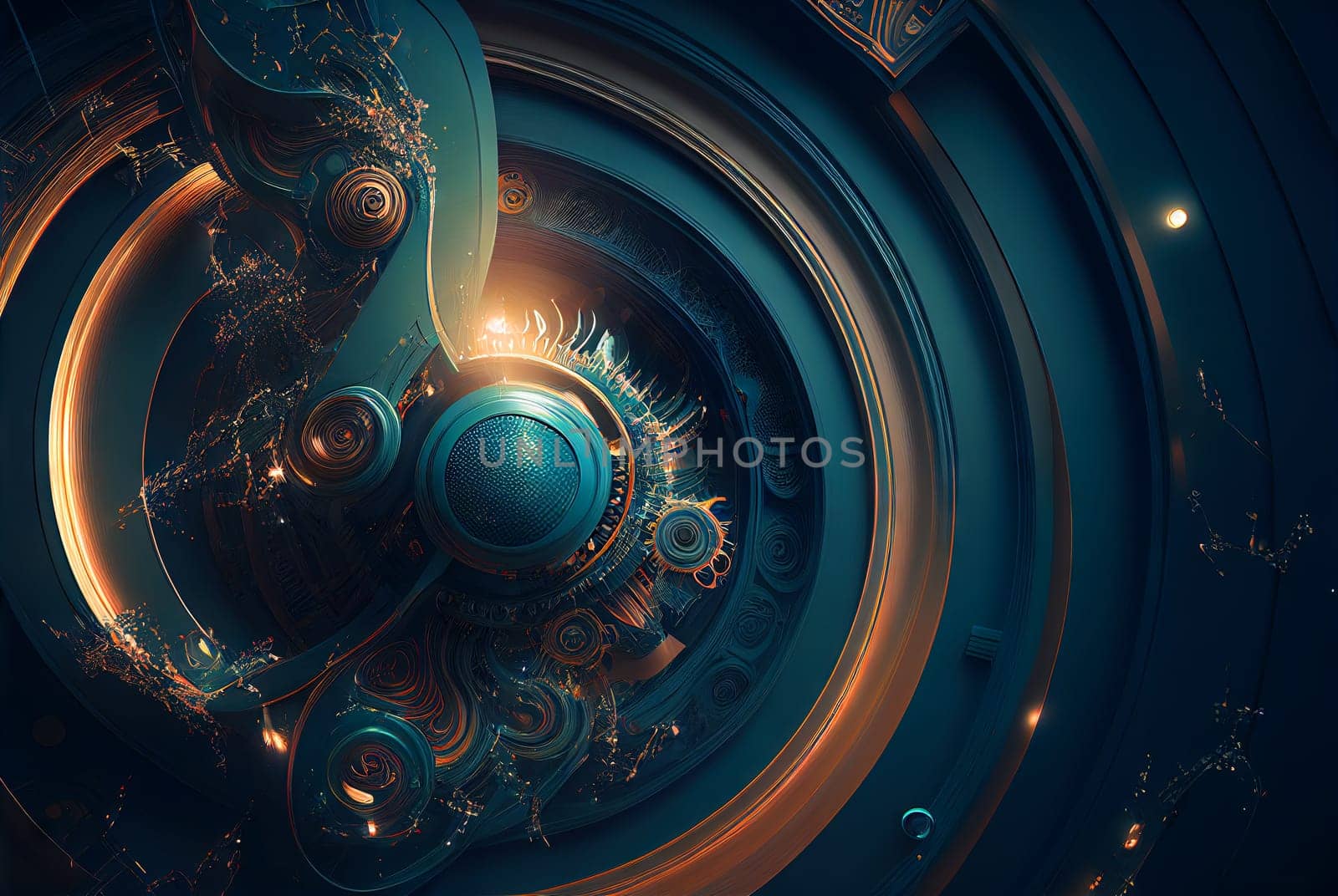 Abstract retro futuristic composition in technology style with giant wheel or engine. Retro background with surreal mindbending figures. Generated AI. by SwillKch