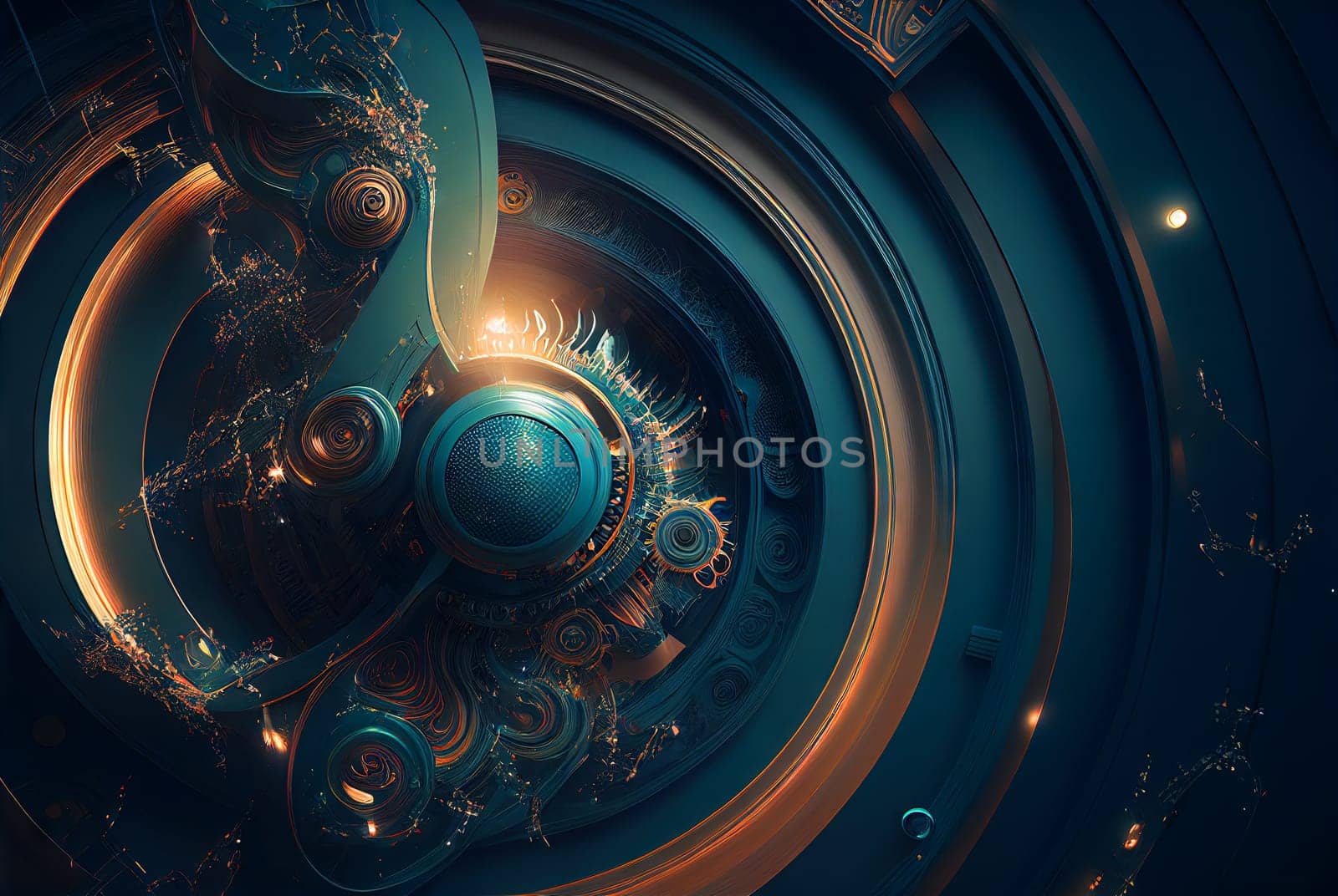 Abstract retro futuristic composition in technology style with giant wheel or engine. Retro background with surreal mindbending figures. Generated AI