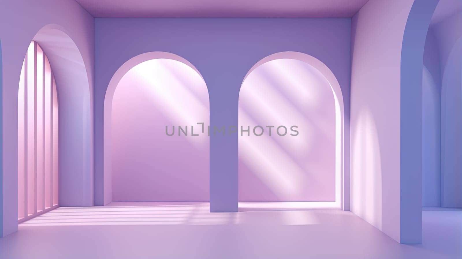 Abstract pink room with arch. Surreal architectural abstraction in pastel colors. Generated AI