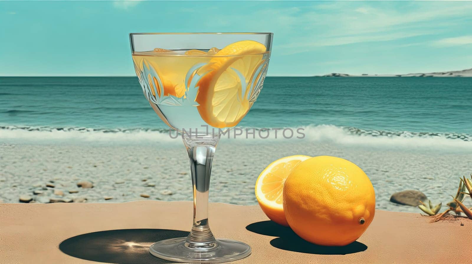 Glass with lemon water in the sand of the beach. Vacation scene with lemonade glass on the shore line. Generative AI.