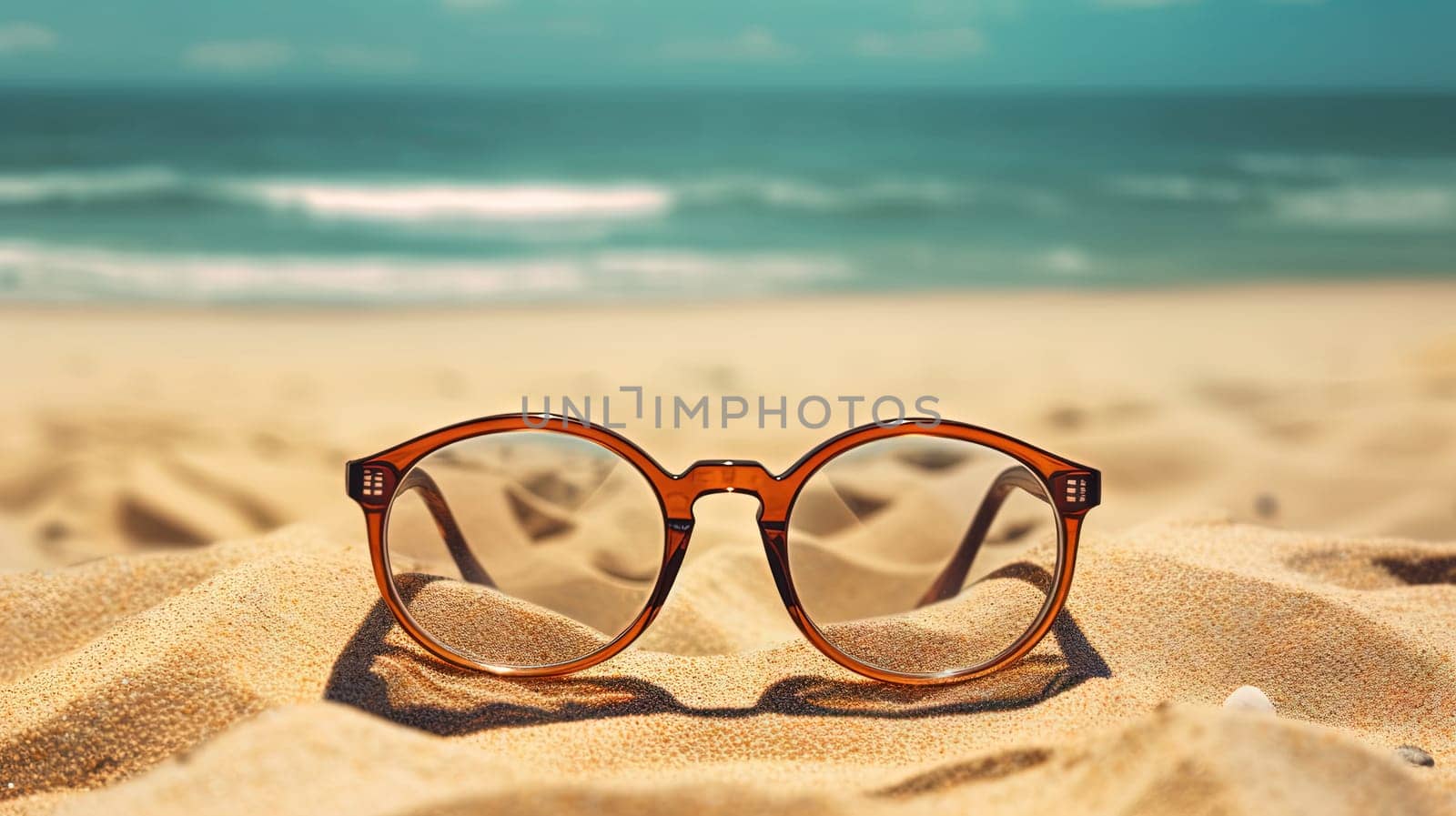 Glasses in the sand of the beach. Vacation scene with sunglass on the shore line. Generative AI. by SwillKch