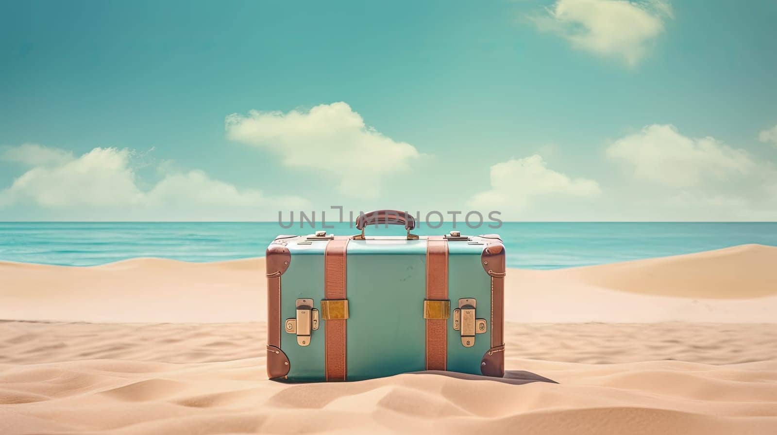 Suitcase in the sand of the beach. Vacation scene with travel case on the shore line. Generative AI