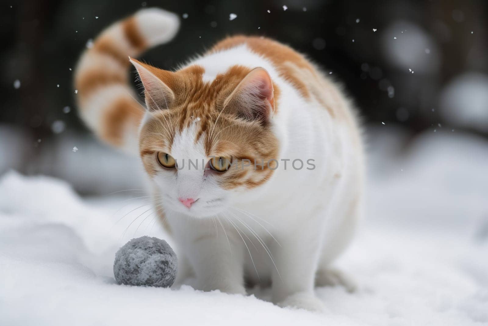 Cat playing in the snow in winter season. Cute kitten having fun with white snow. Generated AI