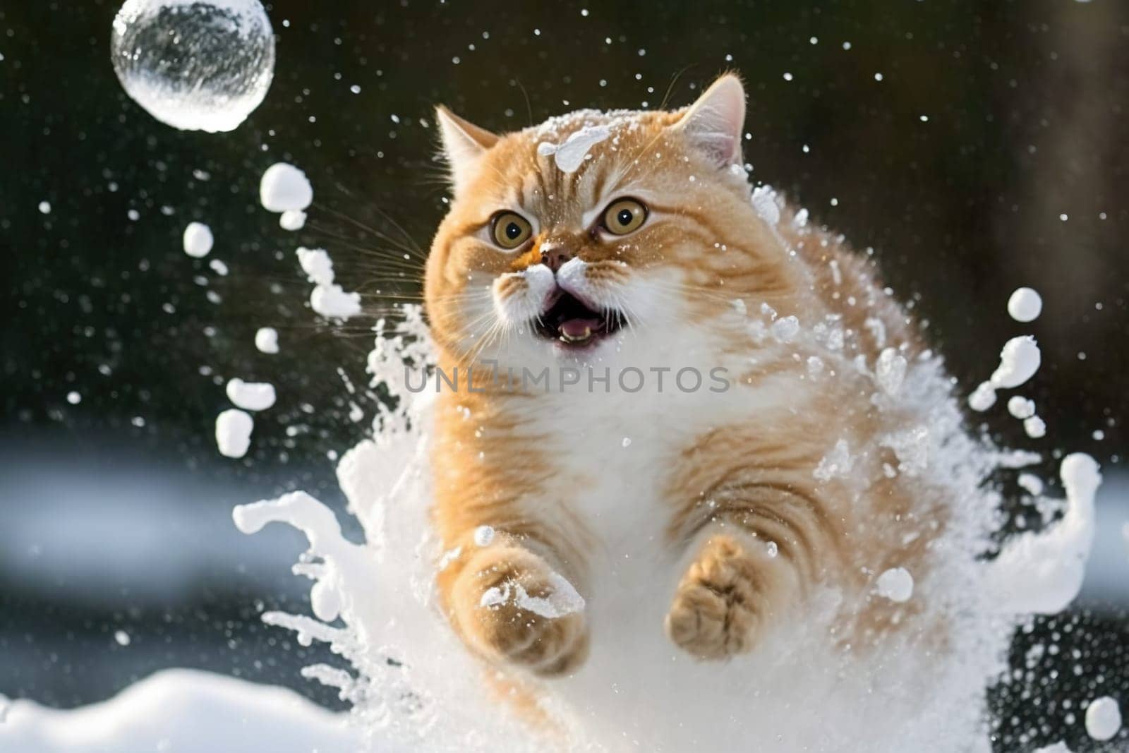 Cat smacked by snowball. Cute kitten with surprised and angry face, hit by snow during winter game. Generated AI
