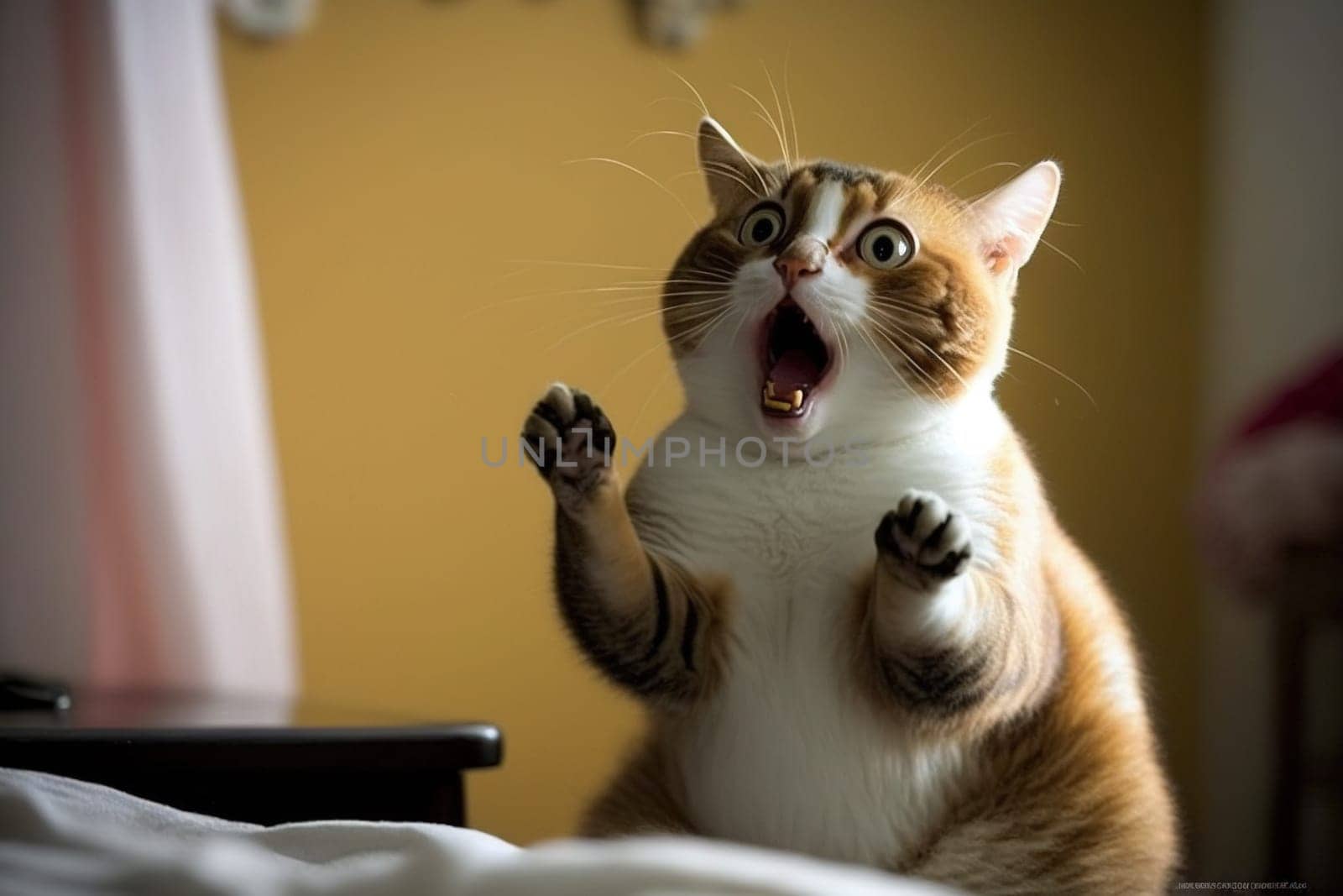 Funny surprised cat with a questioning pose. A cute kitten asks in surprise where the treats are. Generated AI