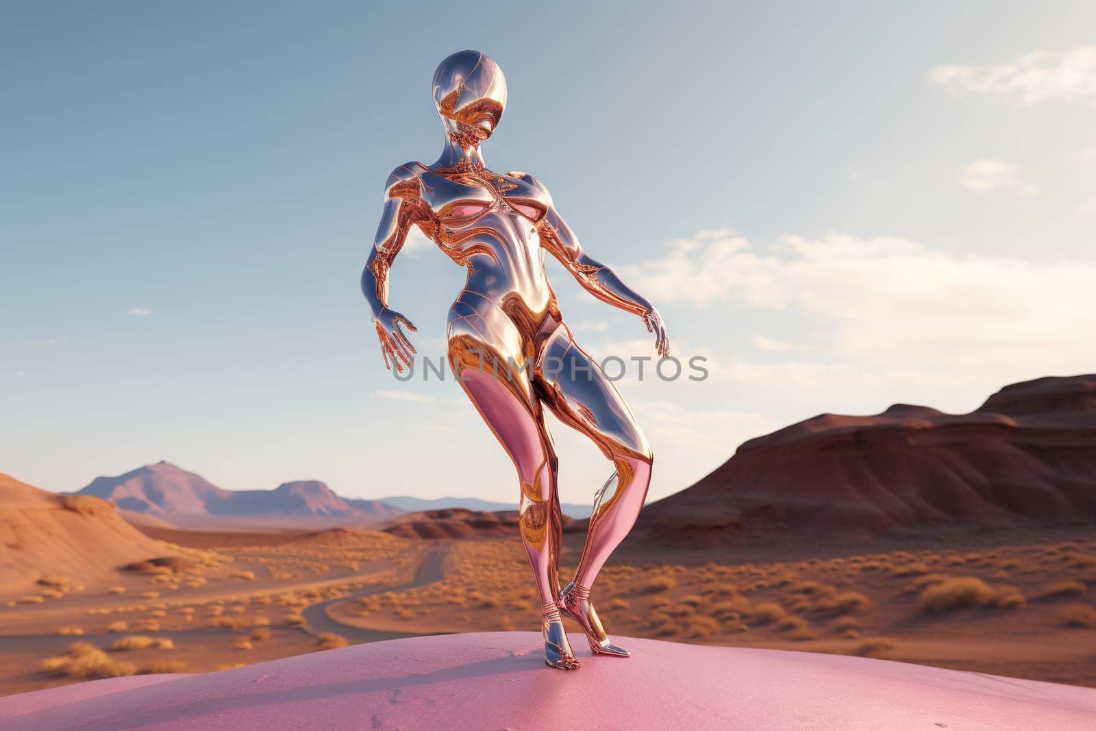 Crome robot woman dancing in the desert. Artificial intelligence rise and shiny. Mechanical beauty. Generated AI