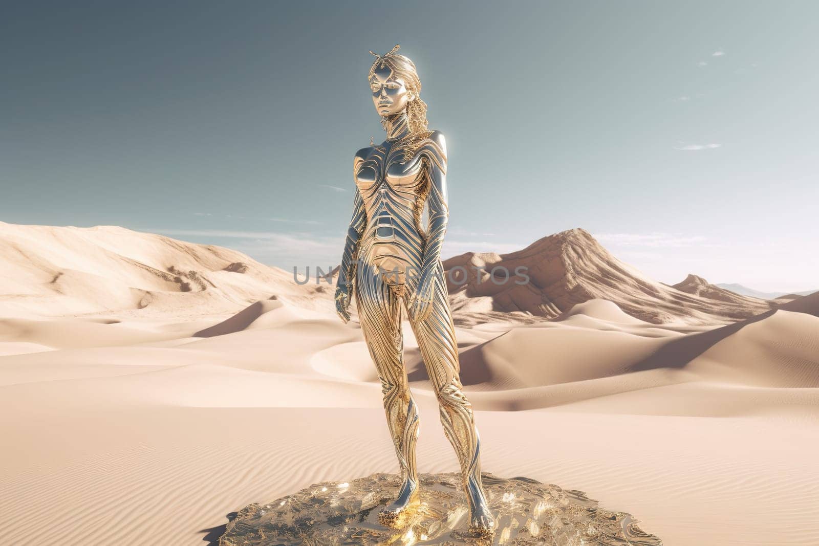 Crome robot woman standing in the desert. Artificial intelligence rise and shiny. Mechanical beauty. Generated AI. by SwillKch