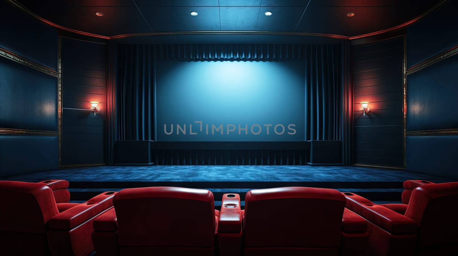 Cinema interior with seats and white screen. Movie theater room with chairs. Generated AI
