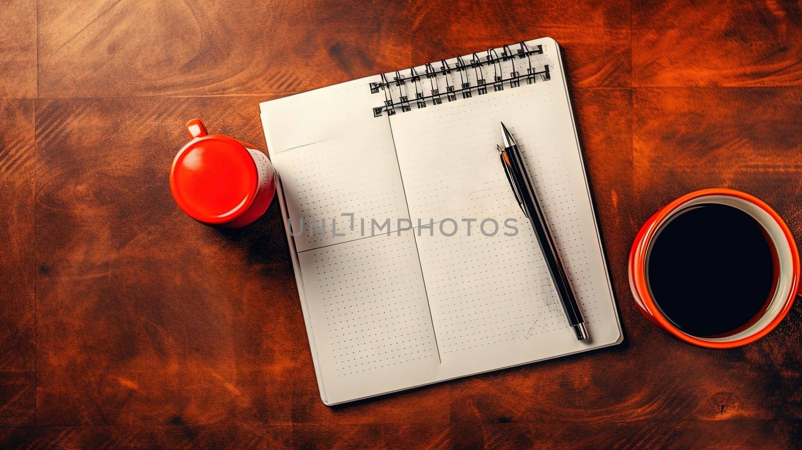 Cup of coffee and notepad with pen composition, top view. Generated AI. by SwillKch
