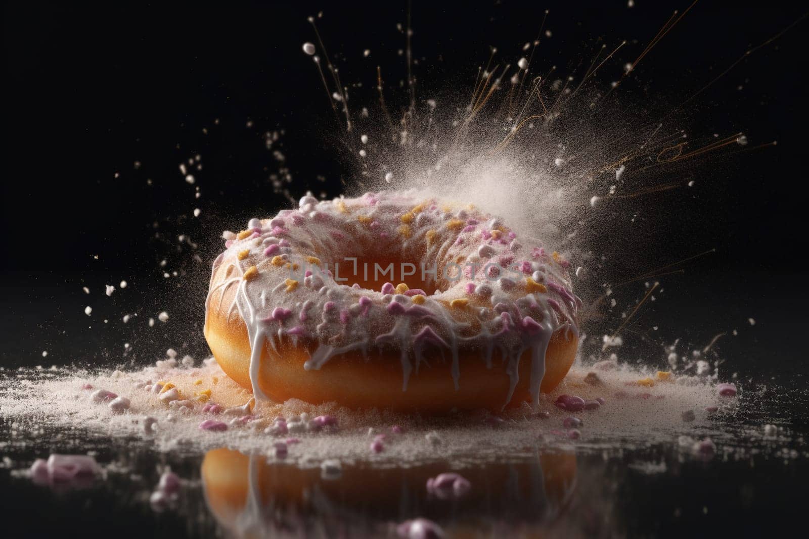 Donut expressive shot with topping and sugar powder splash. Tasty donut food styling image. Generative AI