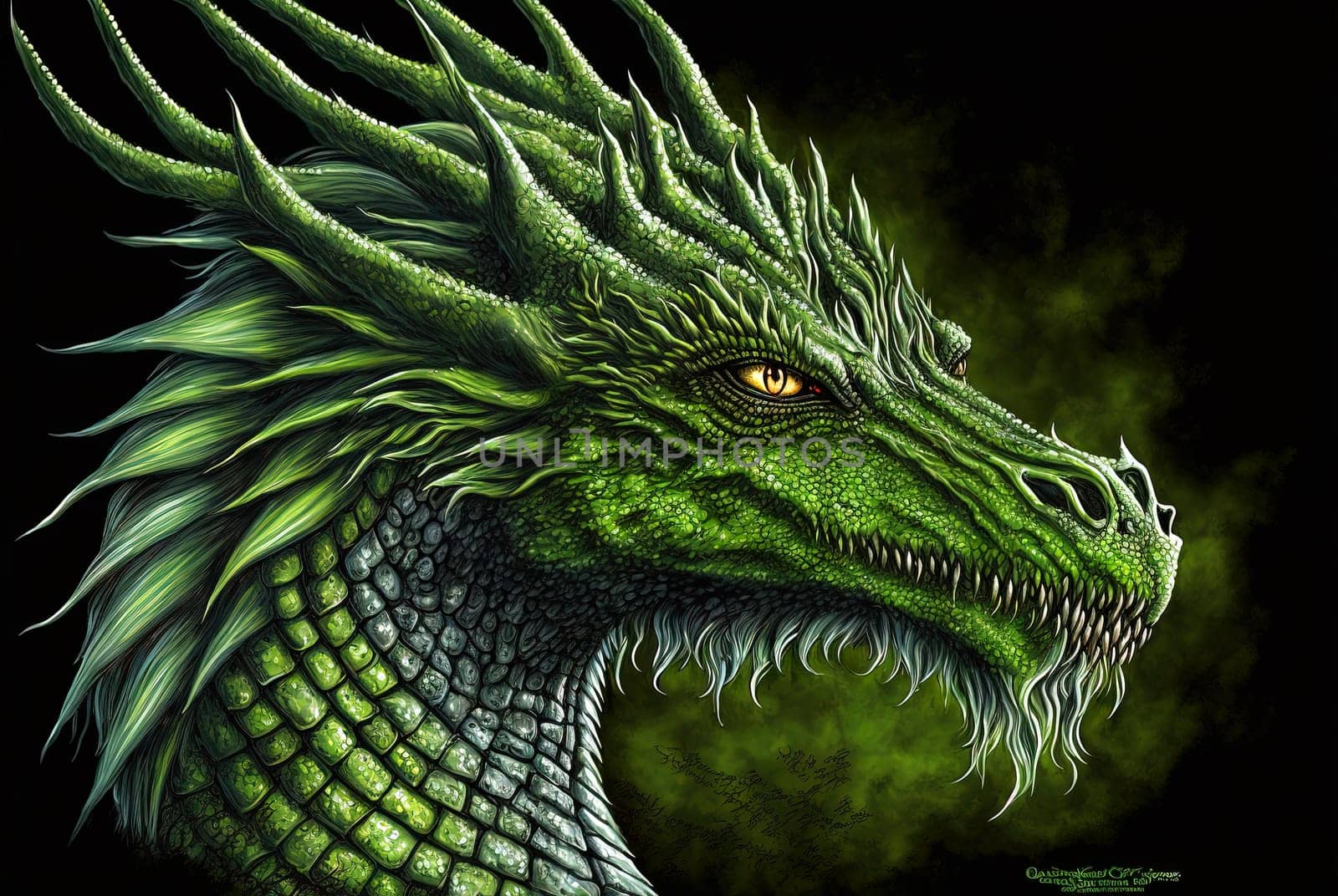 Green dragon portrait, mysterious monster from farytales and symbol of 2024 lunar year in Chinese calendar. Generated AI