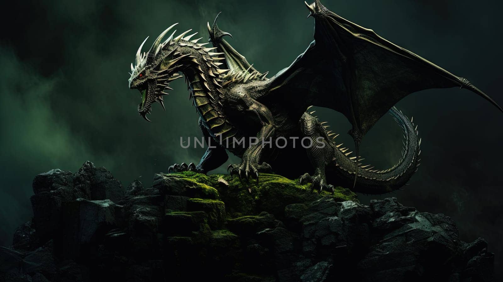 Green dragon, mysterious monster from farytales and symbol of 2024 lunar year in Chinese calendar. Generated AI