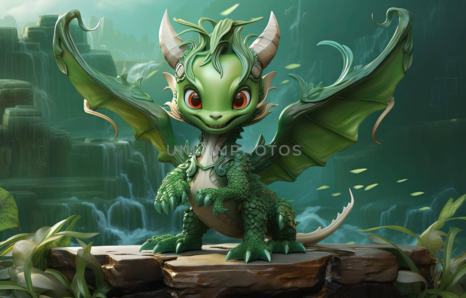 Young green dragon, mysterious creature from farytales and symbol of 2024 lunar year in Chinese calendar. Generated AI
