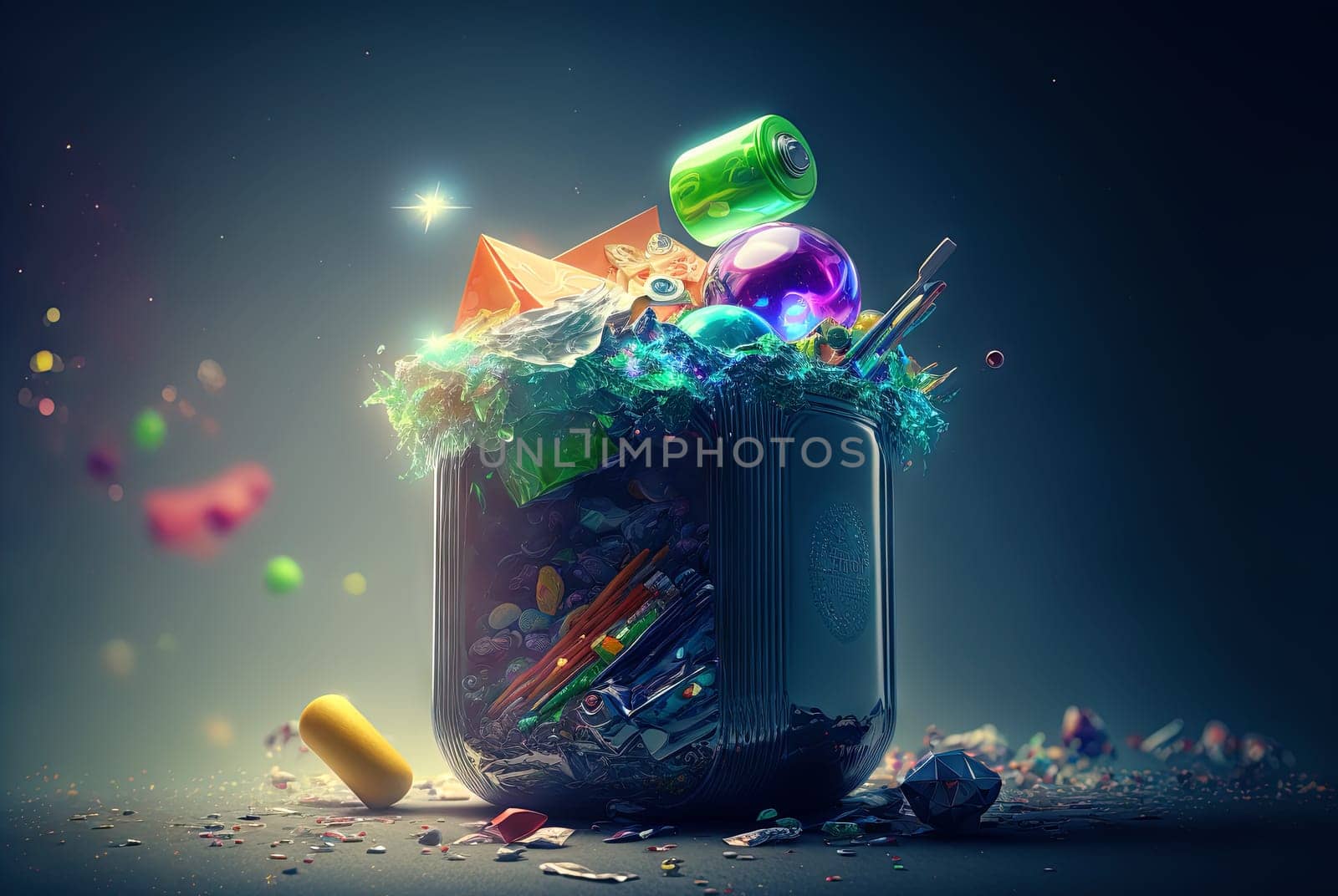 Garbage sorting and ecological problems concept. Colorful trash bin and consumerism waste products. Generated AI