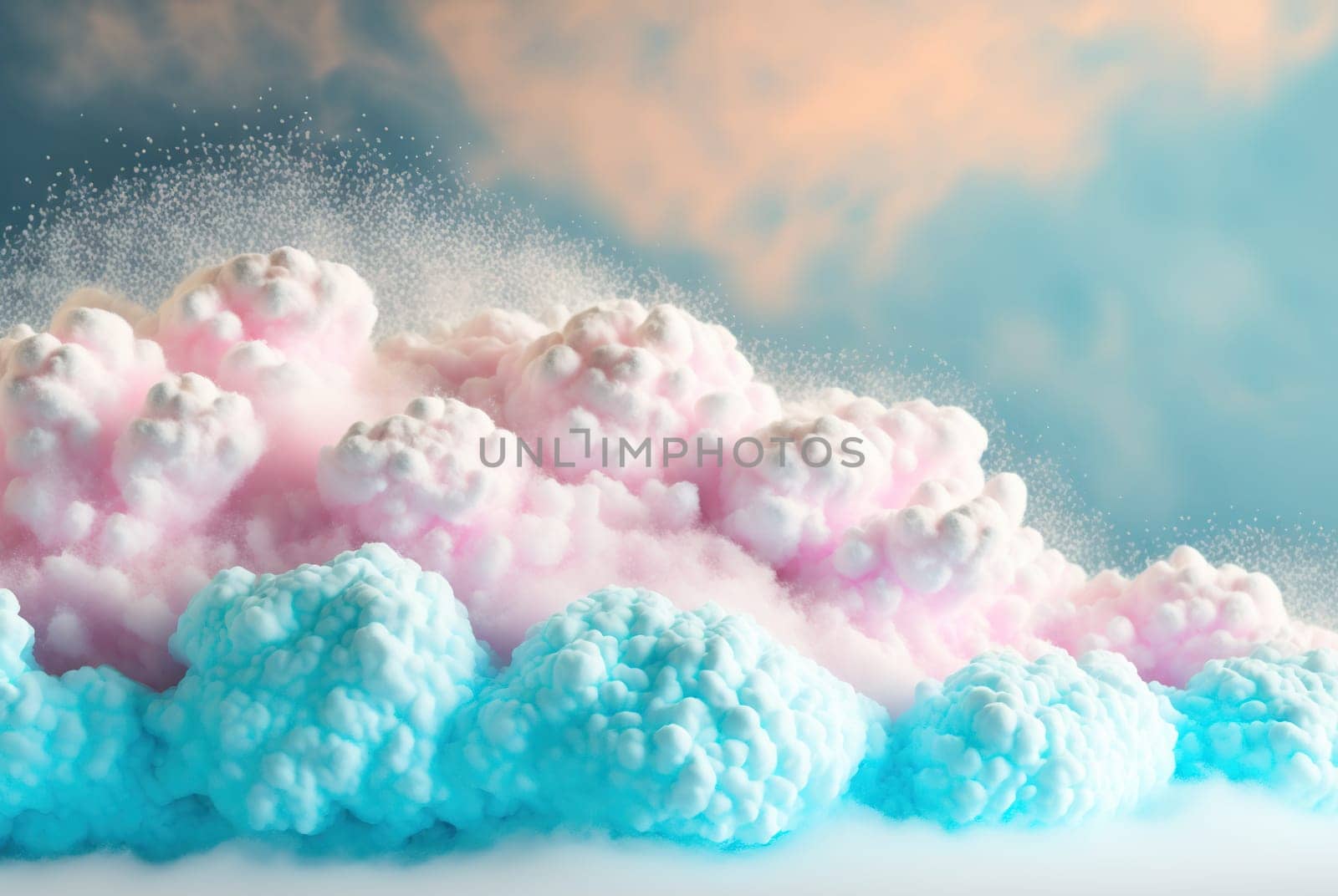 Abstract foam clouds with splashing forms and drops. Colorful foam cloud background. Generated AI