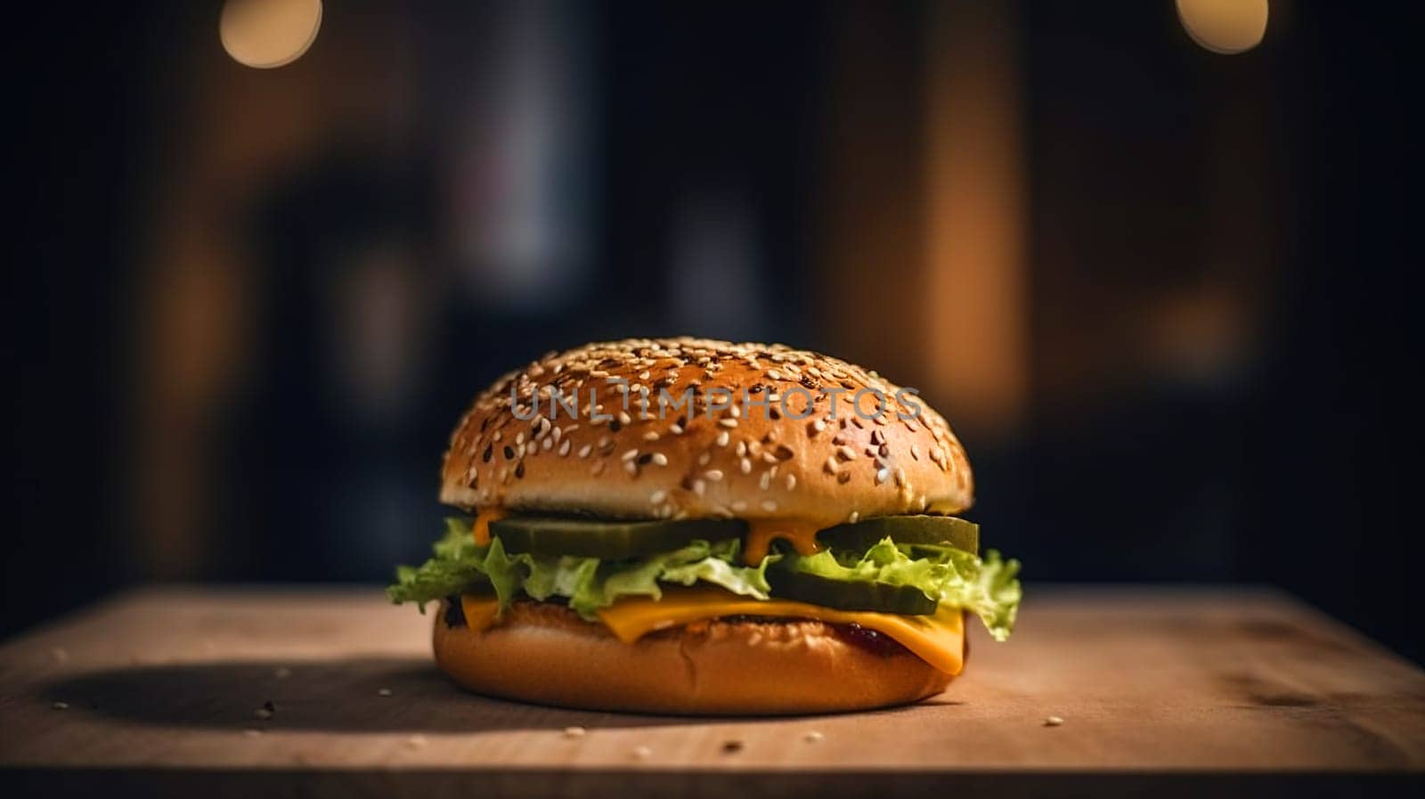 Juicy tasty hamburger on the table. Fast food image of a burger with grilled meat. Generated AI