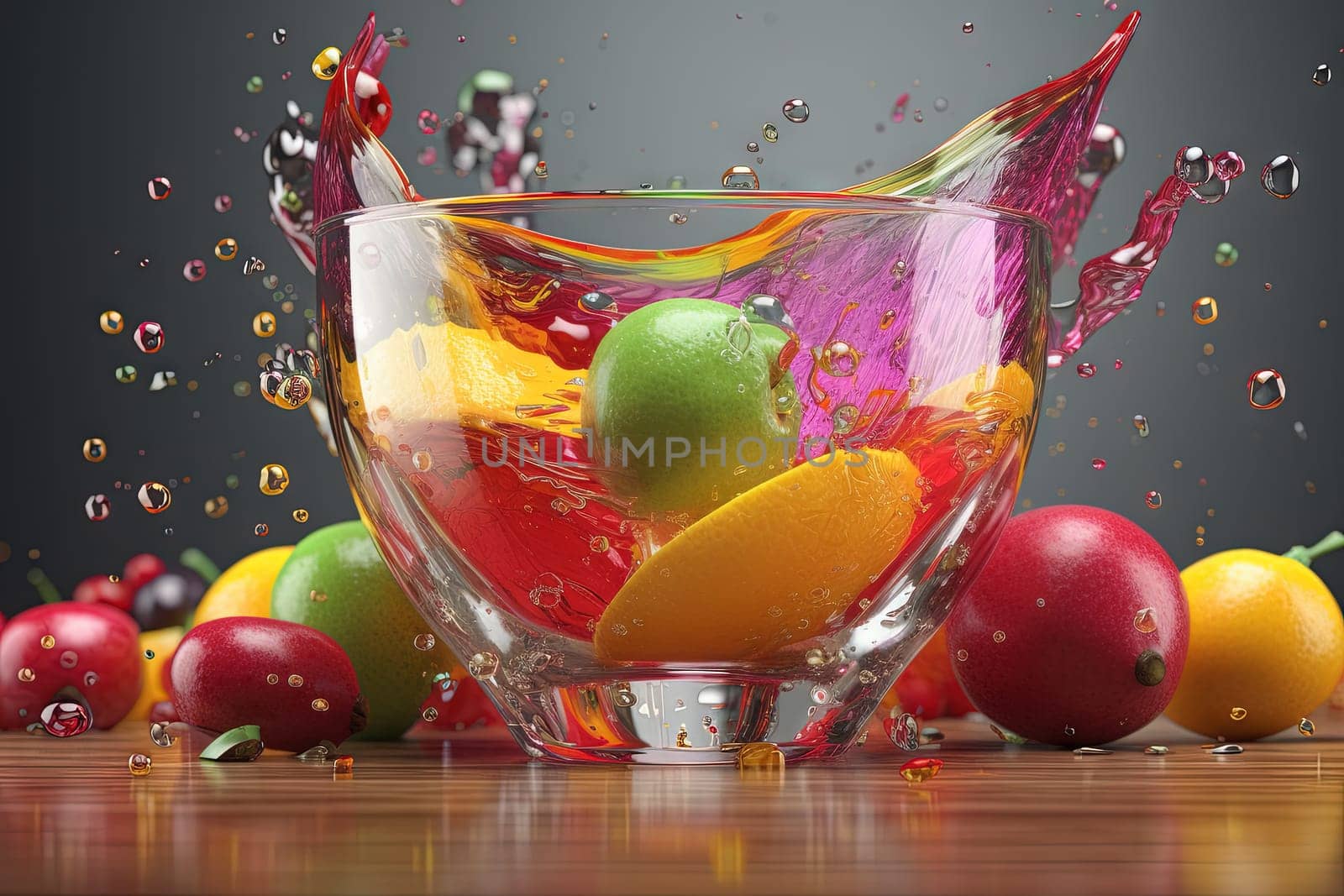 Glass of juice with fruits and berries on the table. Drink splash of sweet organic cocktail. Generated AI