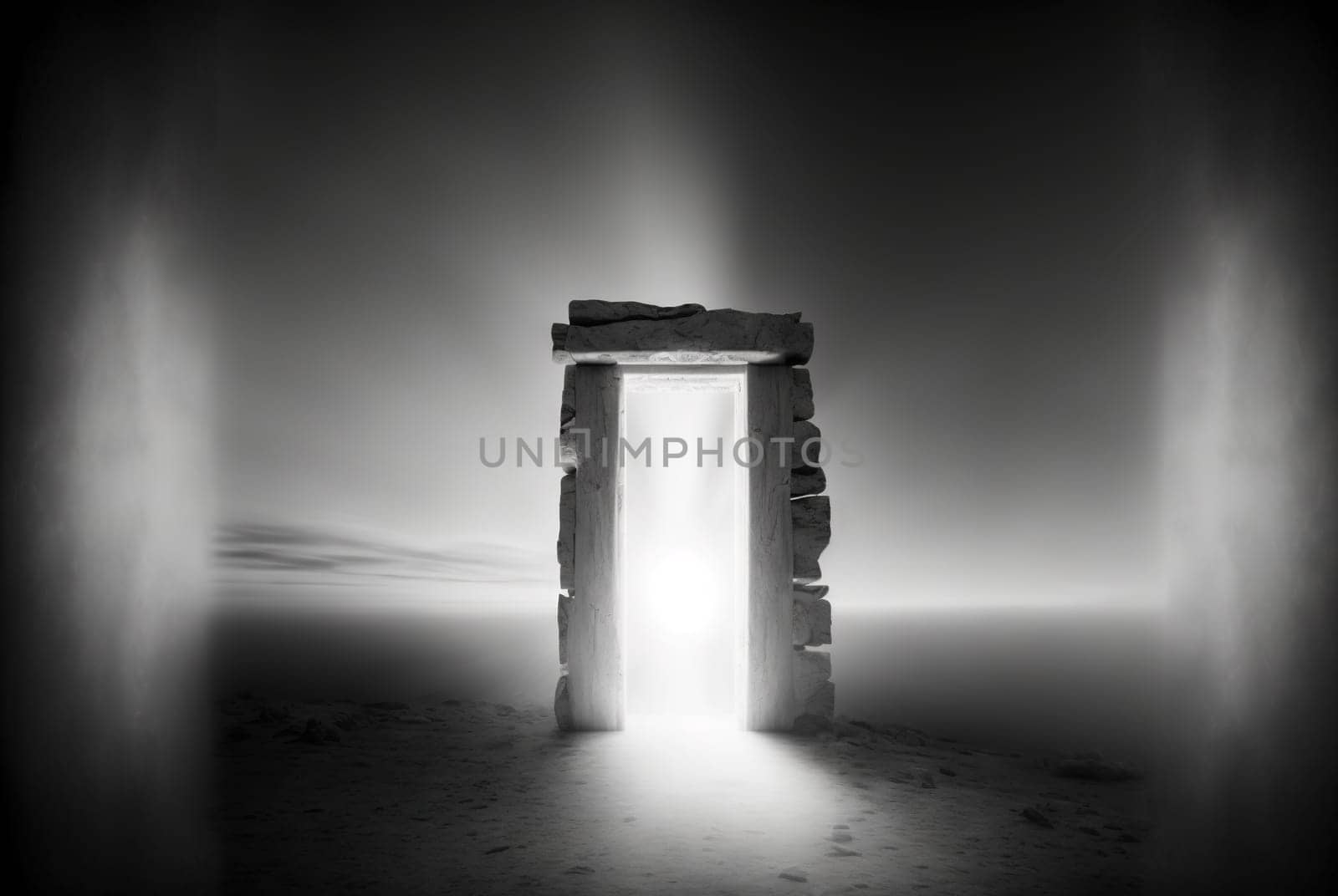 Magic ancient gate of the dark ruins. Black and white background with mystic lightened door. Generated AI