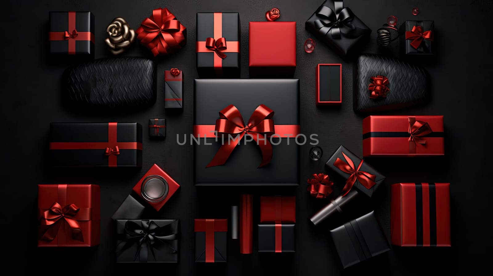 Compostion of gift boxes with ribbons for holiday sale event. Generated AI. by SwillKch