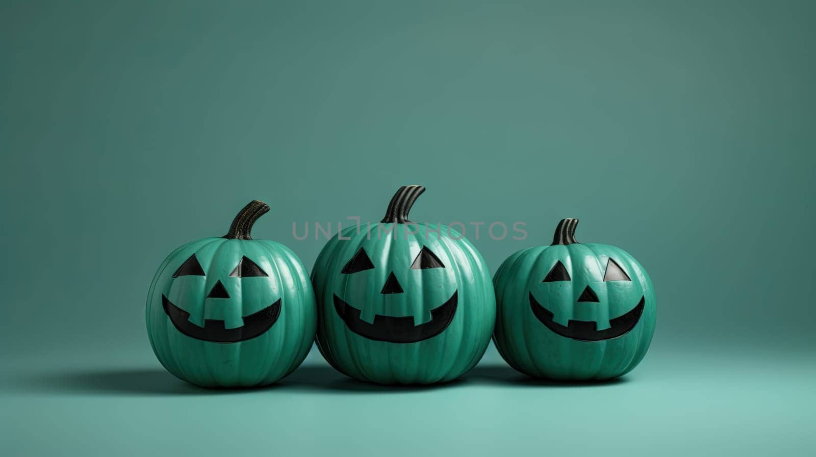 Halloween pumpkins grinning in a row. Autumn holidays card for spooky party. Generated AI. by SwillKch