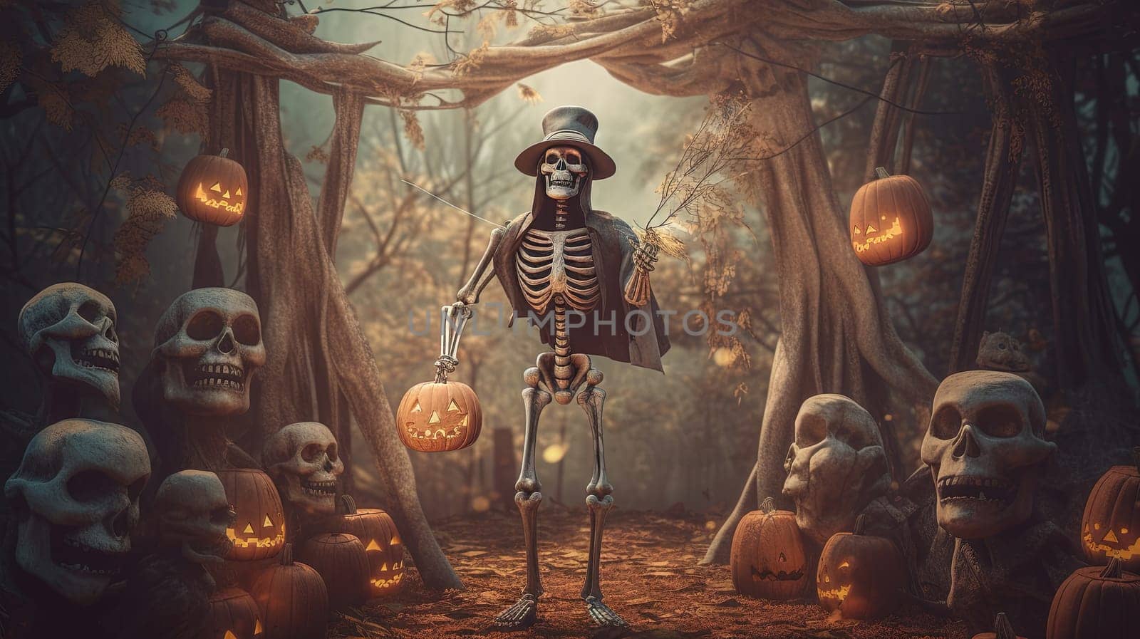Skeleton holding the lamp in a dark forest during Halloween holiday. Dark art with monsters in the forest at fall. Generated AI. by SwillKch