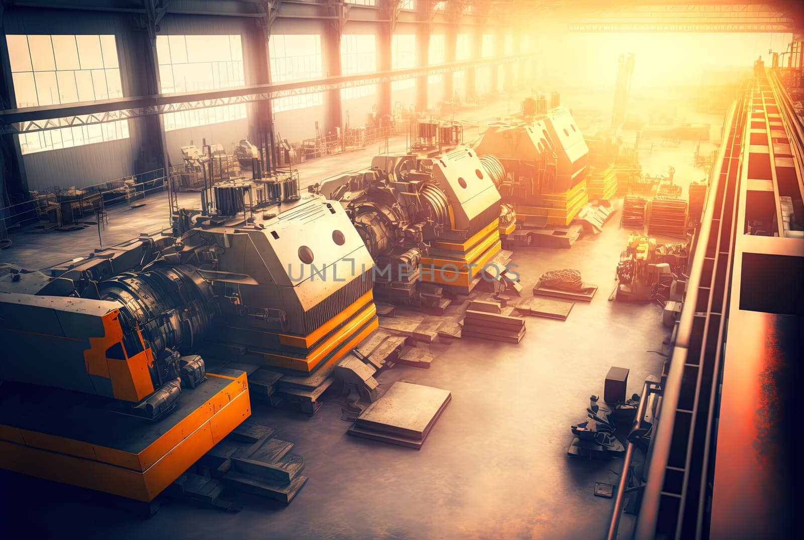 Industrial assembly workshop or factory hangar. Machinery background with plant interior. Industry warehouse. Generated AI