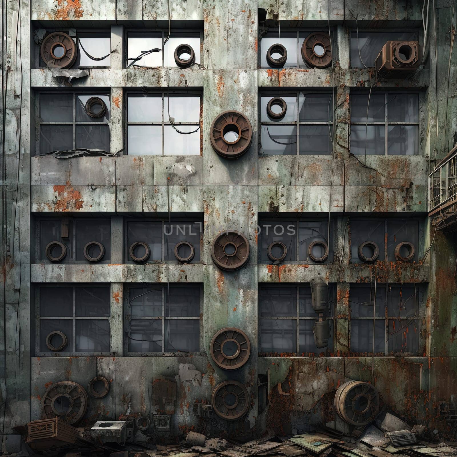 Industrial background with decayed wall of industrial building. Distressed surface texture, grungy ruins. Generated AI. by SwillKch