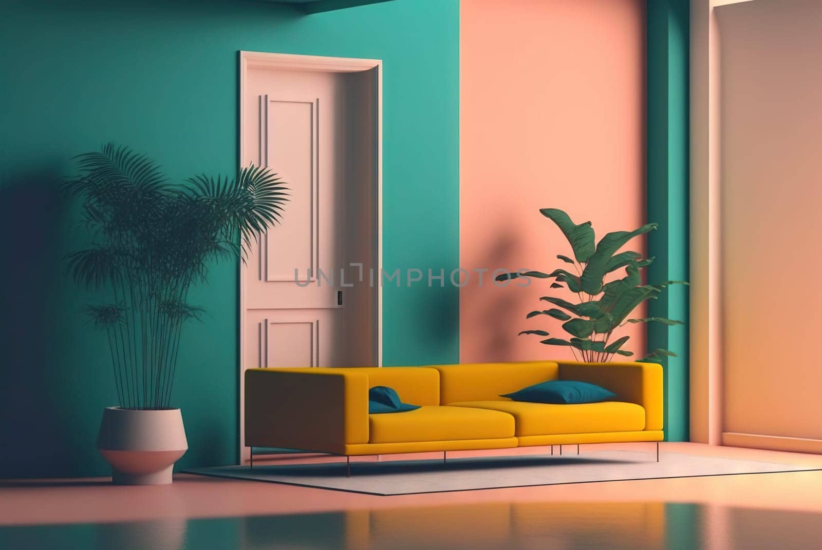 Abstract colorful interior with plants and minimalistic decorations. Vivid colored architectural background. Generated AI